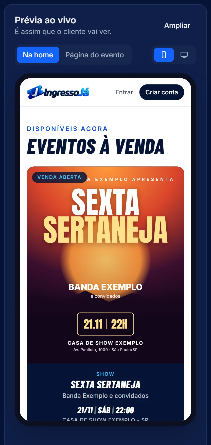 Prévia do cartão do evento na home