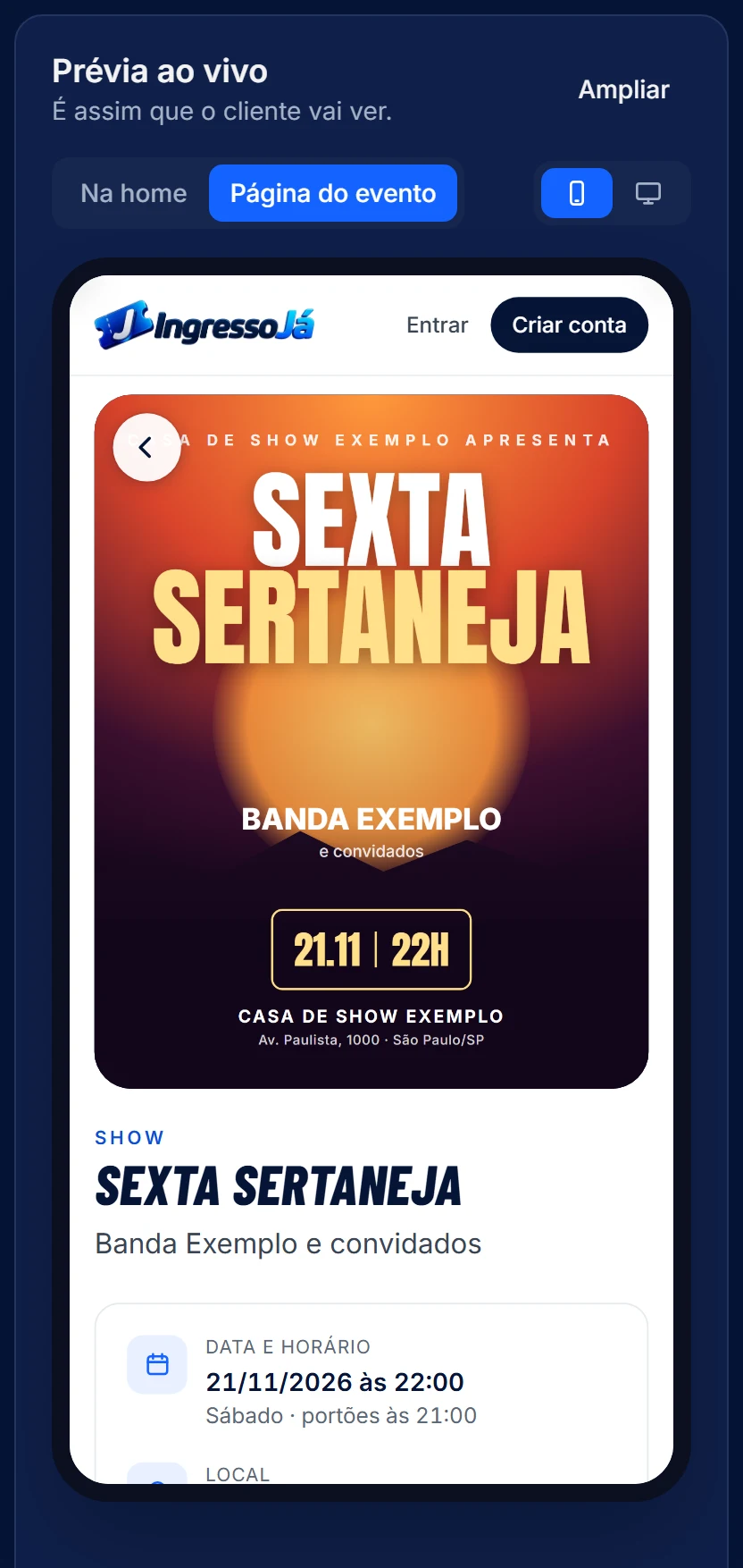 Prévia da página do evento