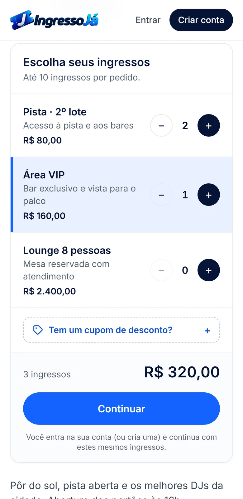 Escolha de ingressos na página de um evento no IngressoJá